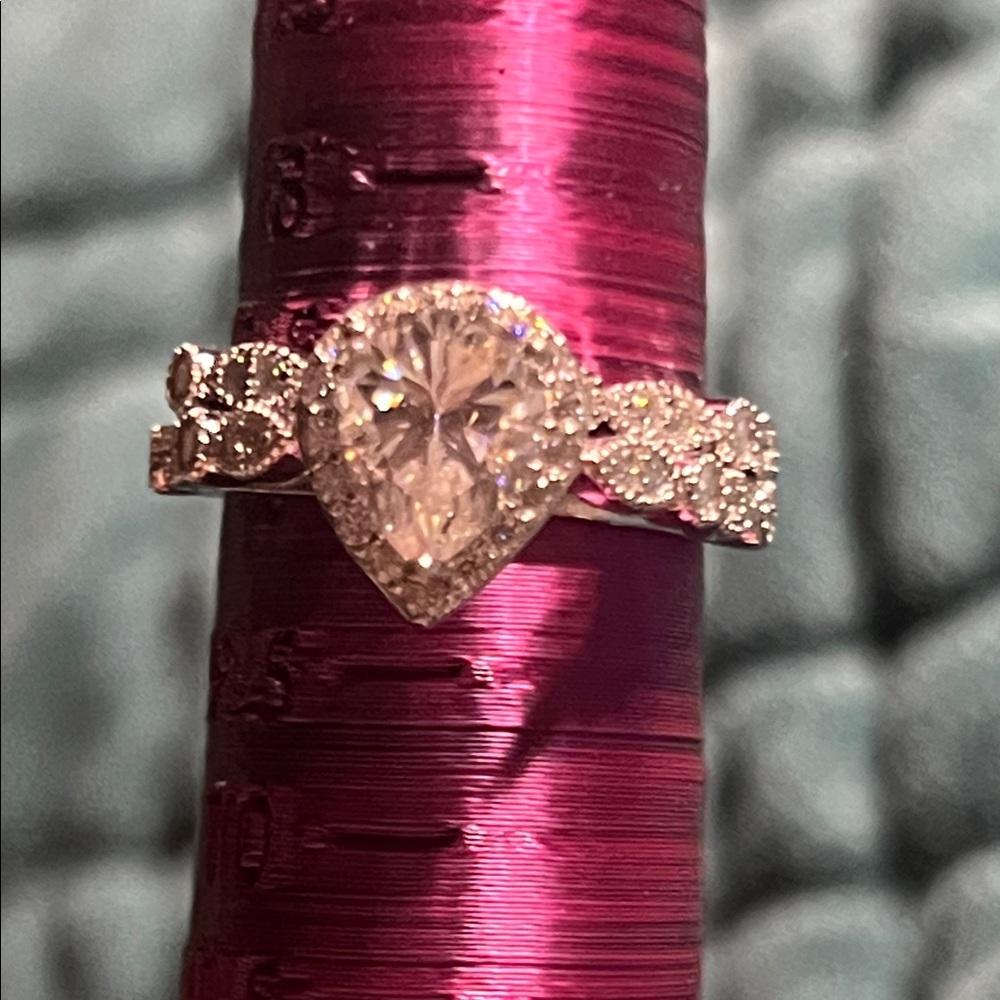 Moissanite Pear-Shaped Halo Engagement Ring in Silver with Clear Stones